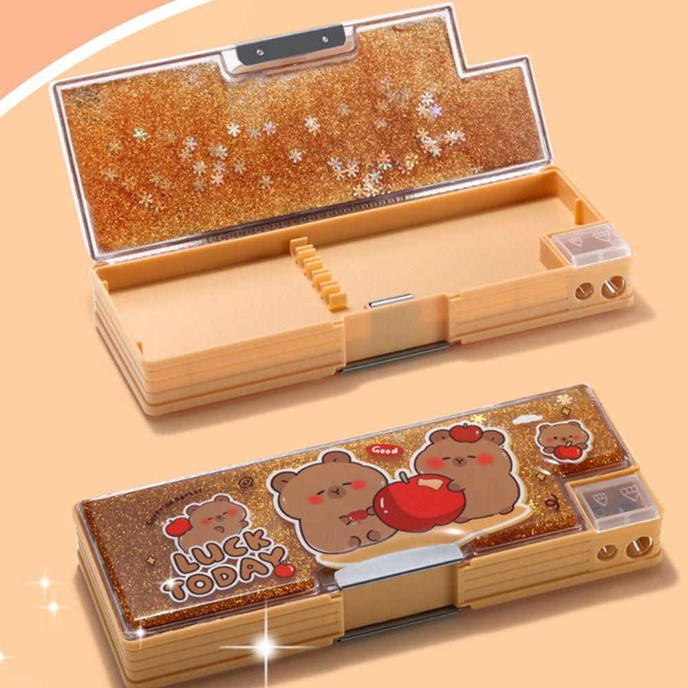 Double Sided Use Pen Box Quicksand Decor Stationery Organizer New Stationery Box  School Office