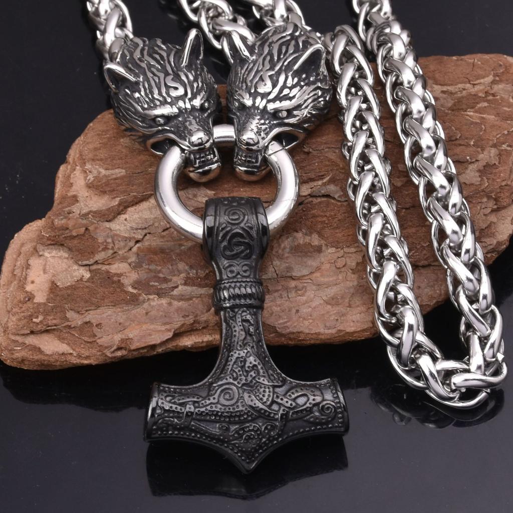 European And American Viking Stainless Steel Wolf Head Thor 'S Hammer Pendant Necklace Men 'S Stainless Steel Necklace Jewelry