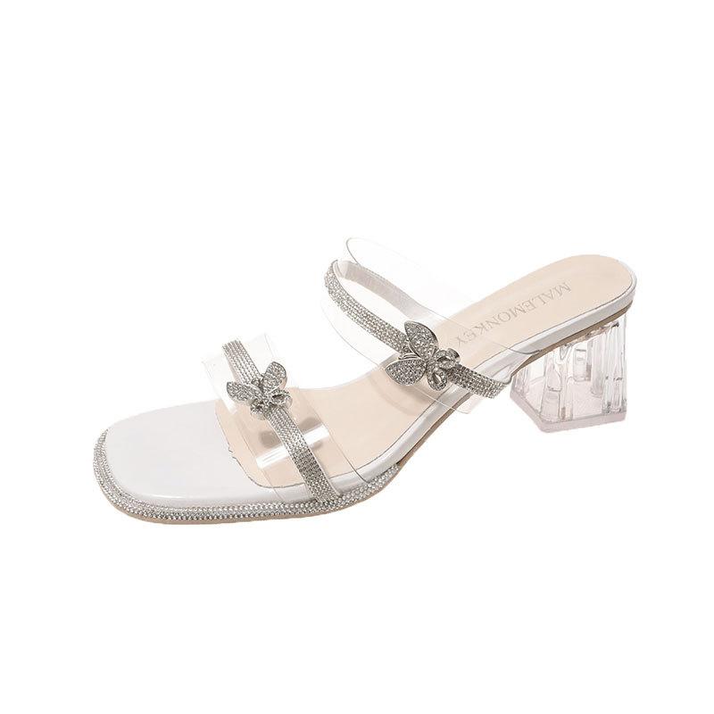 Тапочки на высоком каблуке Fairy Wind, женская летняя одежда 2025 года, новые прозрачные тапочки со стразами, односложные, с кристаллами, на толстом каблуке