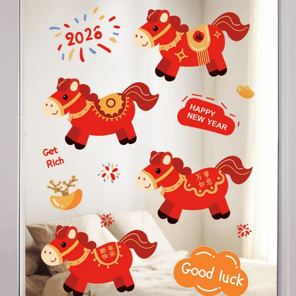 Red New Year Window Stickers Large Size Waterproof Glass Electrostatic Film Transparent Funny 2026 Horse Year Stickers