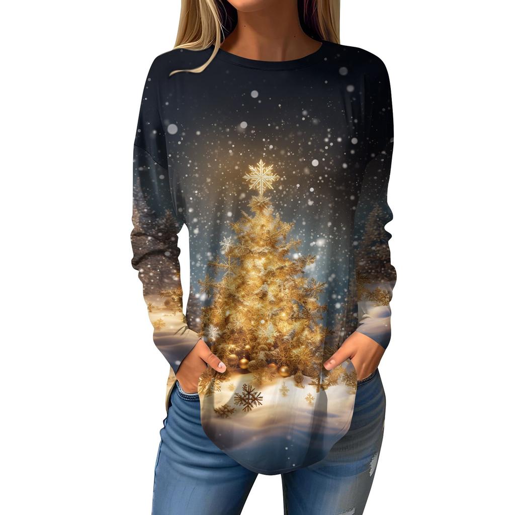Женская свободная футболка с круглым вырезом и рождественским принтом, длинный рукав, пуловер, толстовка с длинными рукавами