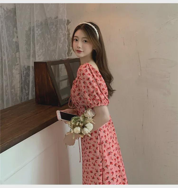 Plus-Size French Floral Chiffon Dress: Summer Puff Sleeve Waist Fairy Skirt