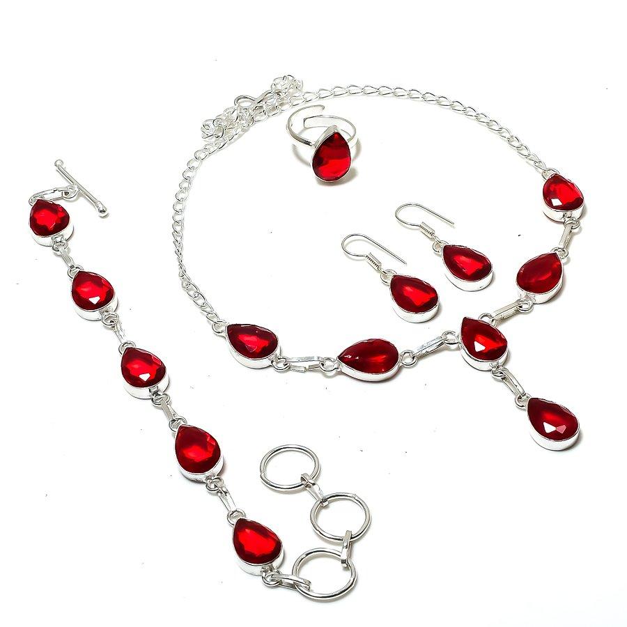 Mozambique Garnet Pear Shape Gemstone Jewelry Set Necklace Bracelet Ring Earring