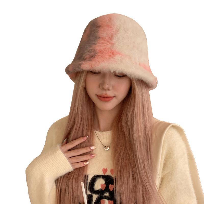 New Autumn and Winter High-end Tie-dye Rabbit Hair Contrasting Color Hair Bucket Hat Women's Outdoor Travel Fashion Basin Hat