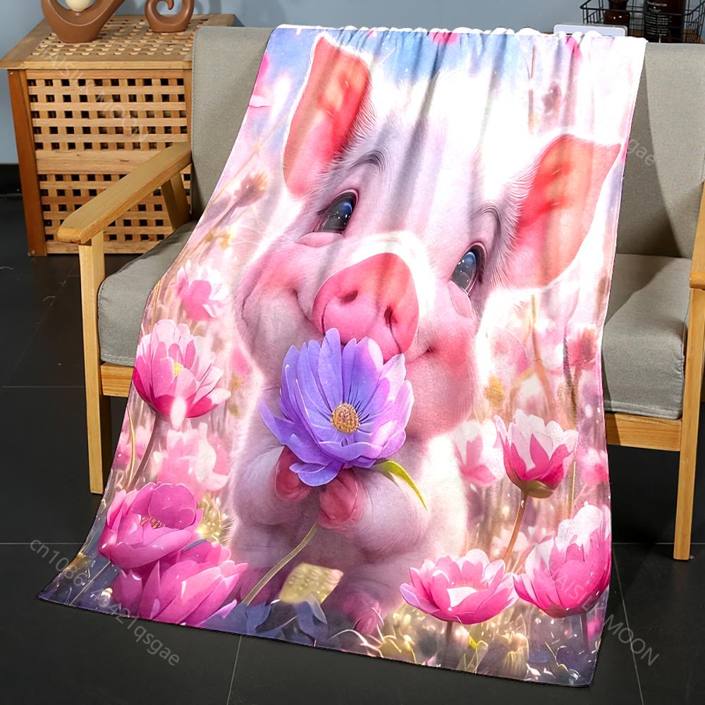 Cute Pigs and Flowers Print Blanket Warm Soft Luxury Gifts for Children Adults Suitable for Home Sofa Bed Travel RV Large Size