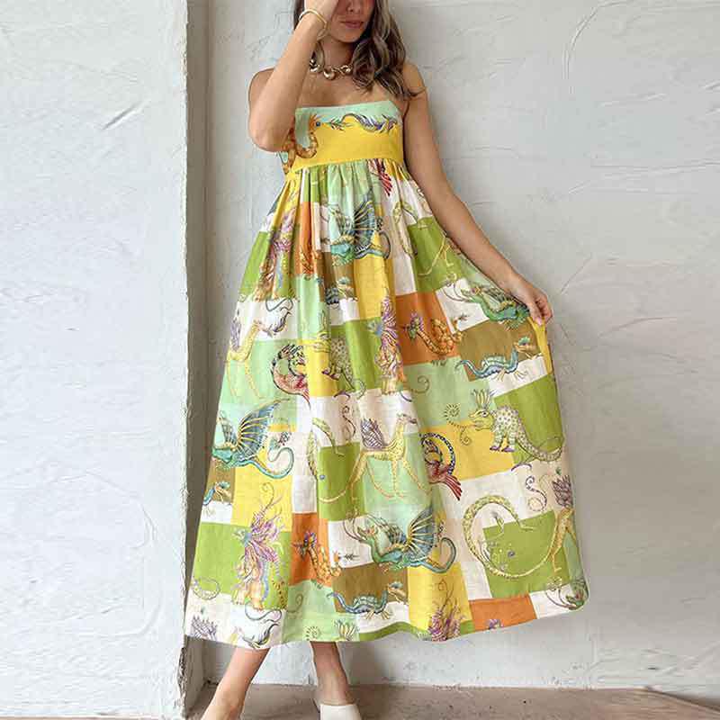 Темперамент Мода Европейский и Американский Слинг Повседневное Летнее Элегантное Женское Платье с Принтом с Высокой Талией 2025