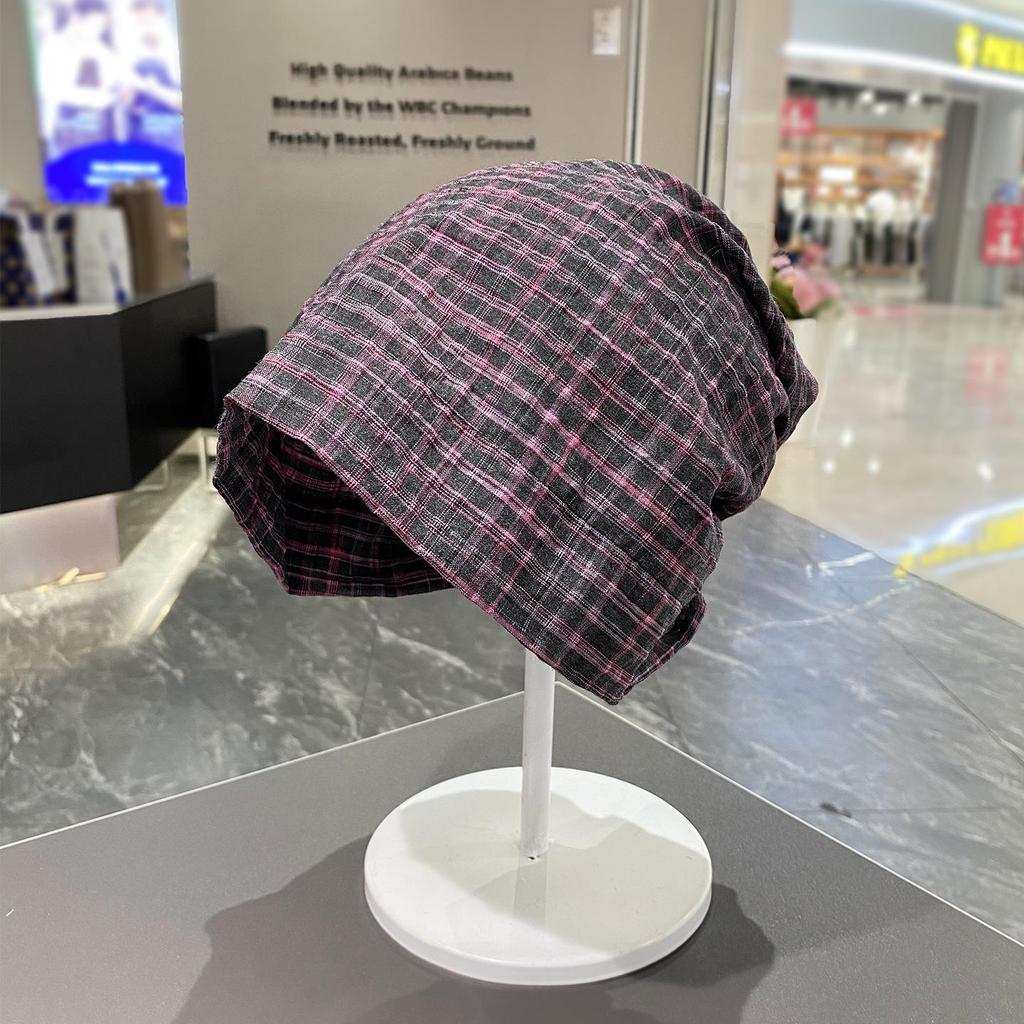 Европейский и корейский клетчатый головной платок: Стиль Пустоши, Свободная Мешковатая Шапка-Бини для Большого Обхвата Головы, Модная Горячая Девушка Бандана-Шляпа.