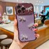 For iPhone 16 Pro Case Electroplated Wavy Frame Glitter TPU Phone Cover with Rhinestone Bow Decor
