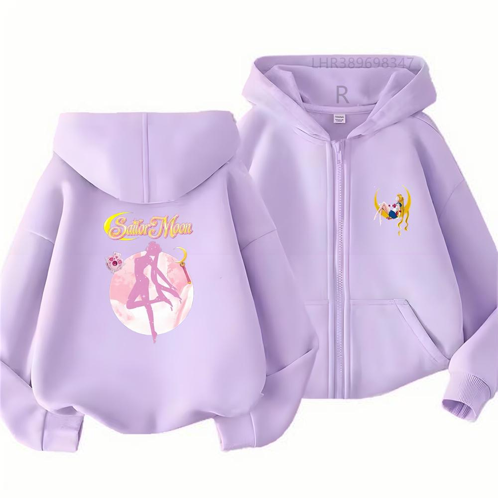 Autumn Sailor Moon Zipper Style Girl Purple Pink Tops Children Hoodie Zip Up Boy Coat Hoodies Kid