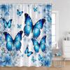 Floral Blue Butterfly Shower Curtain Purple Flowers Butterflies Plant Polyester Fabric Bathroom Decor Bath Curtains with Hooks
