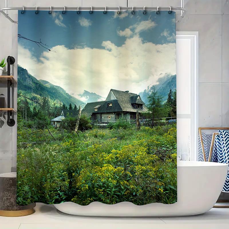 High Quality Shower Curtain Printed with Mountain Villa Design Greenery Surrounding Perfect for Bathroom Decorations