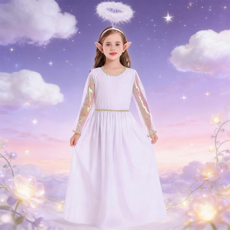Elegant Long Sleeve Angel Dress With Gold Edging And Wing Attachments Costume Outfit Ideal For Stage Performances
