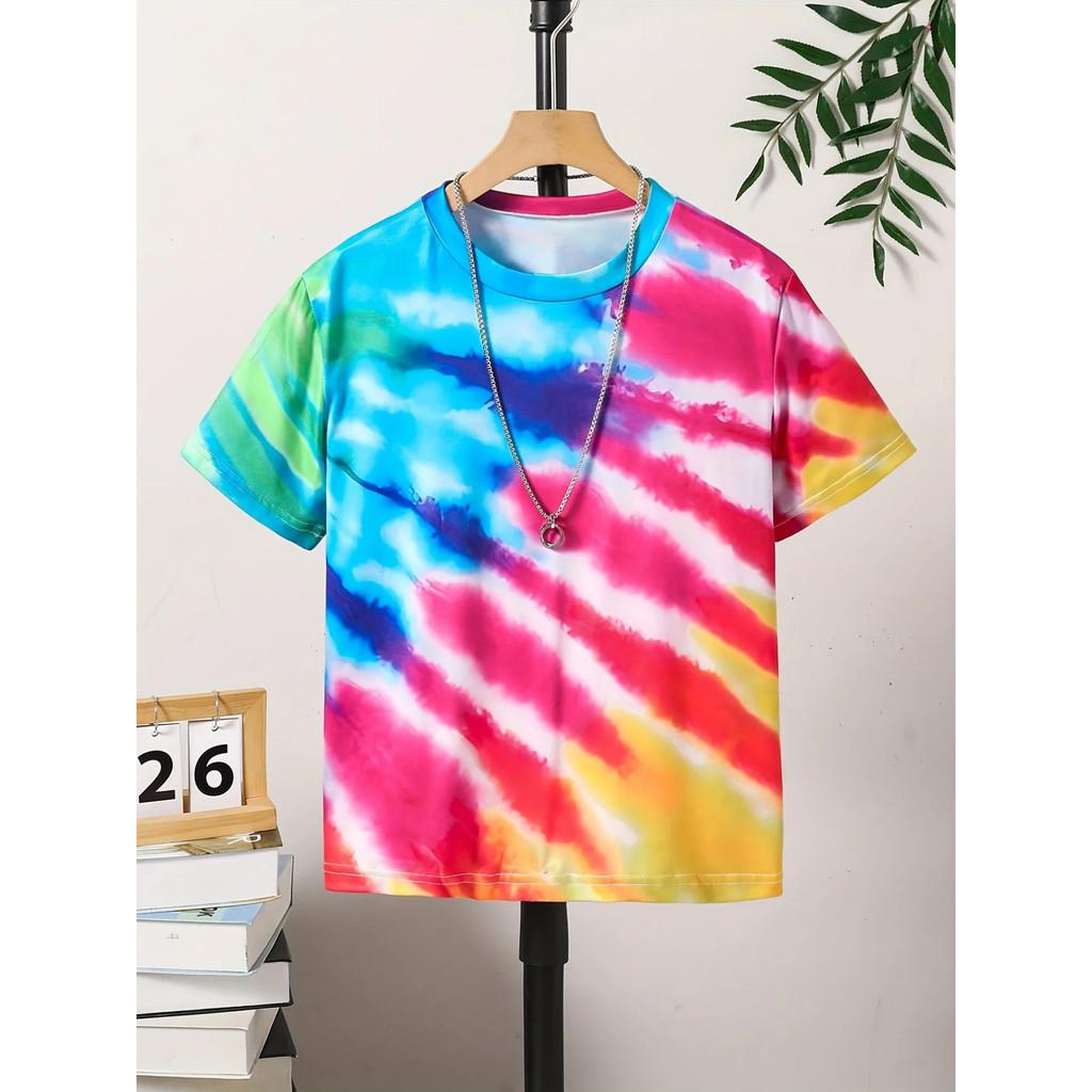 3D Tie-Dye Rainbow Print Kids' T-shirt Summer Fashion Casual Crew Neck Short-Sleeve Top for Boys & Girls