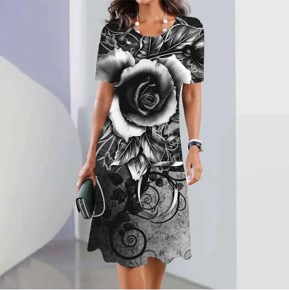 Модное женское свободное платье-трапеция с принтом ежевичных роз и коротким рукавом с круглым вырезом и принтом листьев