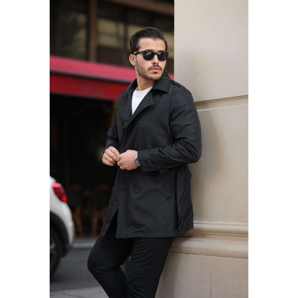 Мужской черный водо- и ветрозащитный плащ с поясом, верхнее пальто