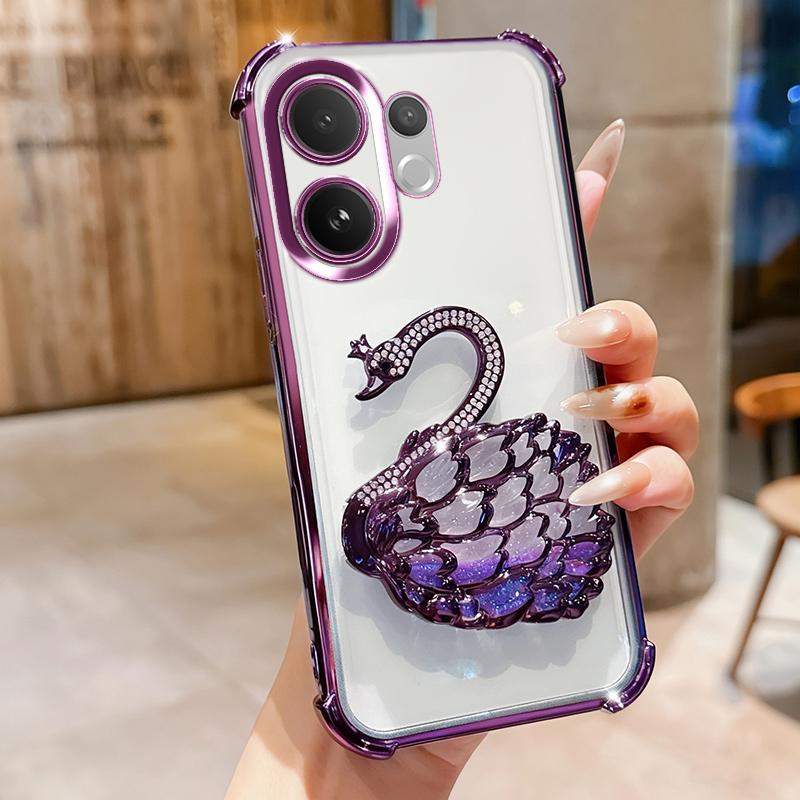 KEYSION Противоударный чехол с гальваническим покрытием для VIVO V60 5G Прозрачный Мягкий ТПУ Блестящий Инкрустированный стразами Лебедь подставка Задняя крышка для VIVO V60