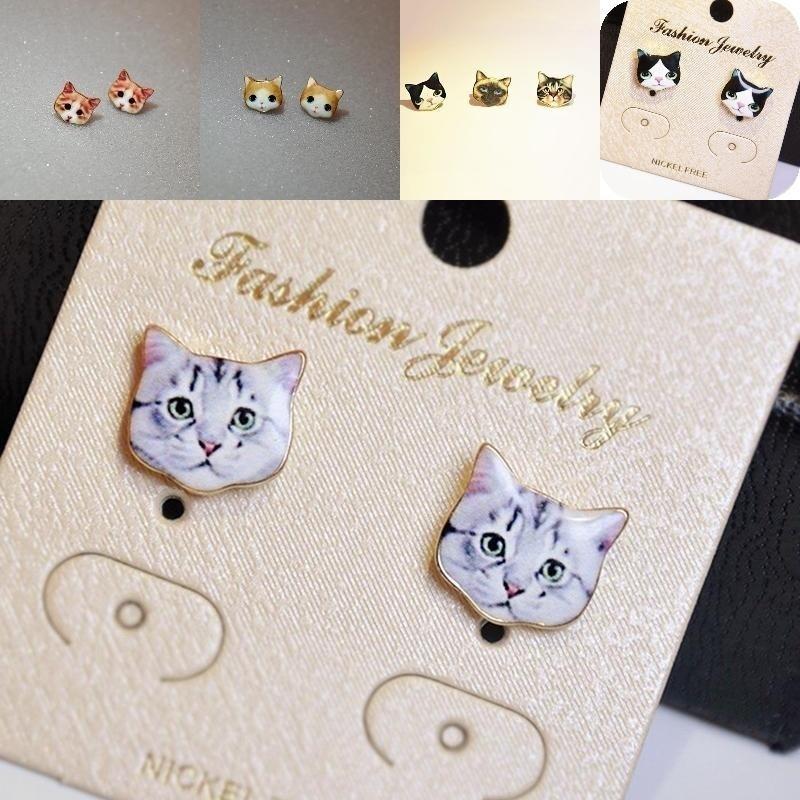 1 пара милых сережек-гвоздиков с рисунком кошки, изящная ручная работа