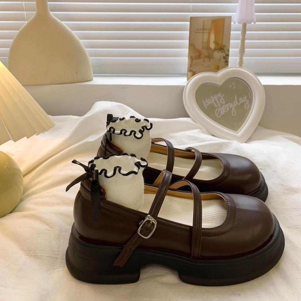 Leather Mary Jane Women's Shoes Japanese Style Lolita Round Toe High On Platform Female Footwear Black Gothic Vulcanized for A H