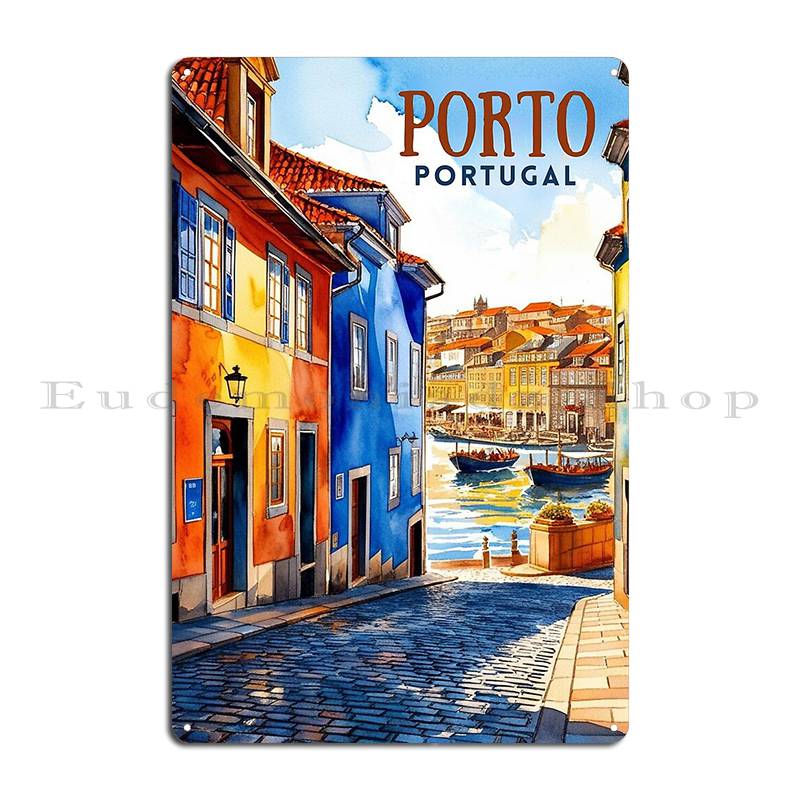 Porto Tranquility Vintage Church And Tramway Illustration Portugal Europe fridge magnet Portugal Metal Cinema Tin Sign Poster