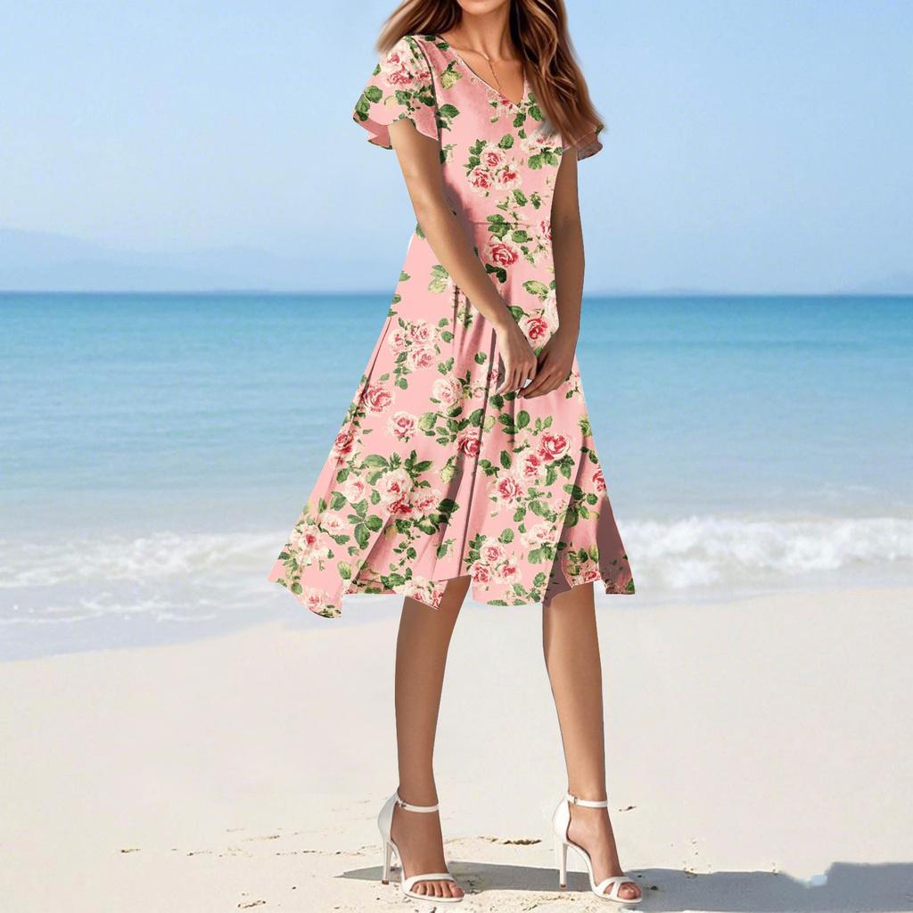 Women's Summer Casual Fashion Flower Print Dress V Neck Short Sleeve Short Skirt