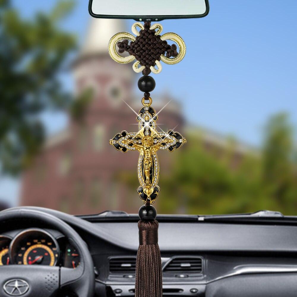 Metal Diamond Cross Jesus Christian Religious Car Pendant  Car Rearview Mirror Ornaments Hanging Auto Car Styling Accessories