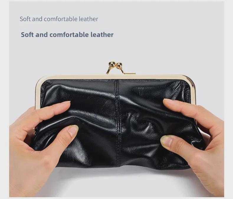 Women's Retro Long Genuine Leather Wallet Handbag - Large Capacity, Waxed Gold Clip Style