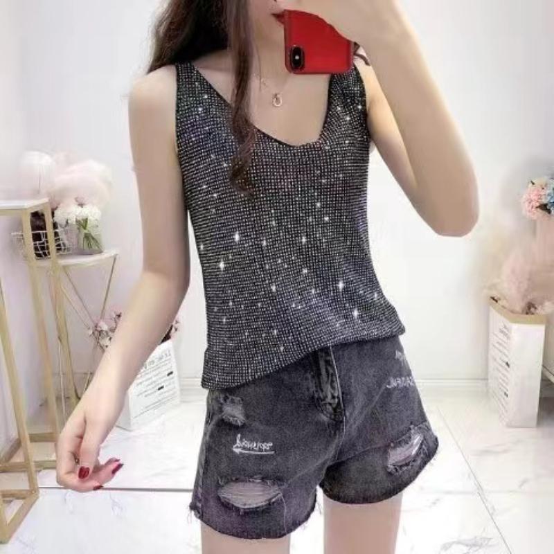 Women Summer New Sexy V-neck Loose Short Sleeveless Ice Silk Bottoming Shirt Casual Lightweight Cool Basic Top for Daily Wear Street
