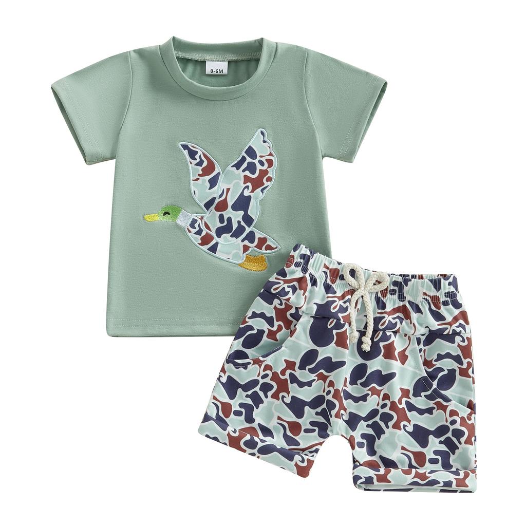 Boys Summer Shorts Sets Short Sleeve O Neck Duck Embroidery Tops and Camouflage Shorts Sets