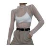 Fall Elegant See Through Long Sleeve Mock Neck Women Tops Fashion Streetwear Sexy T-Shirts Tees Slim Clothes
