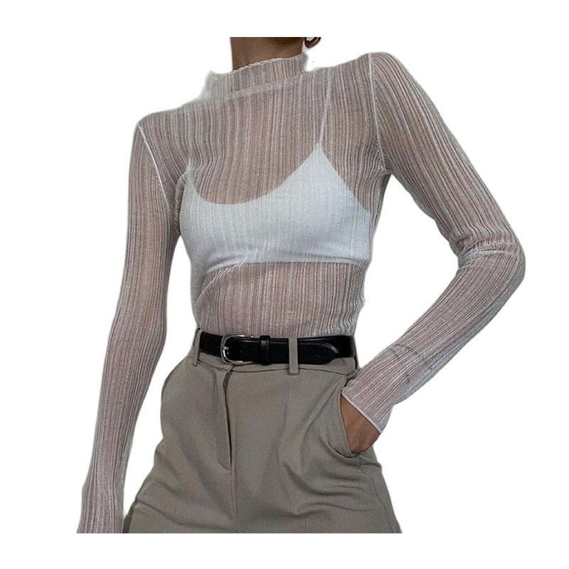 Fall Elegant See Through Long Sleeve Mock Neck Women Tops Fashion Streetwear Sexy T-Shirts Tees Slim Clothes