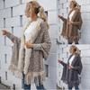 Leopard Fur Collar Wool Knitted Shawl Coat for Women