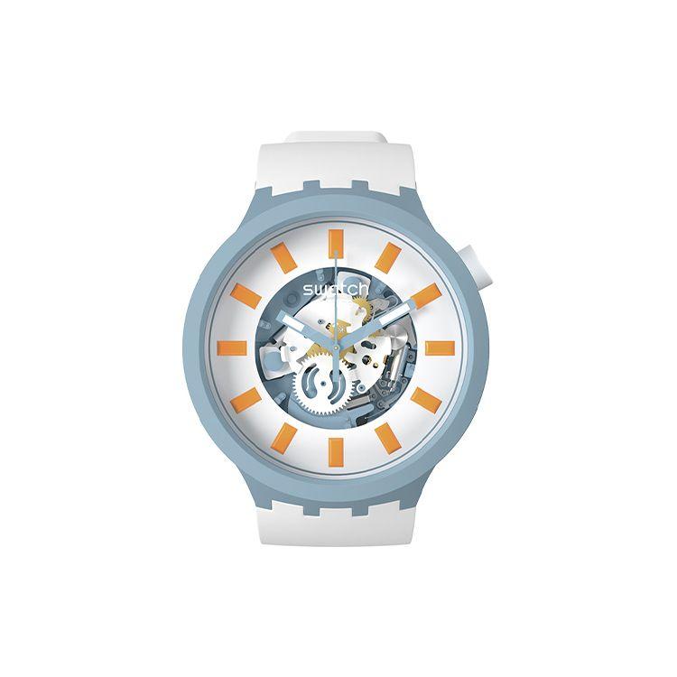 Swatch Серия 'Земля' Кварцевый механизм Милый дизайн Водонепроницаемые часы 47 мм Белый циферблат Керамический корпус Биокерамика Ремешок из био-материала Мужские часы SB03N101