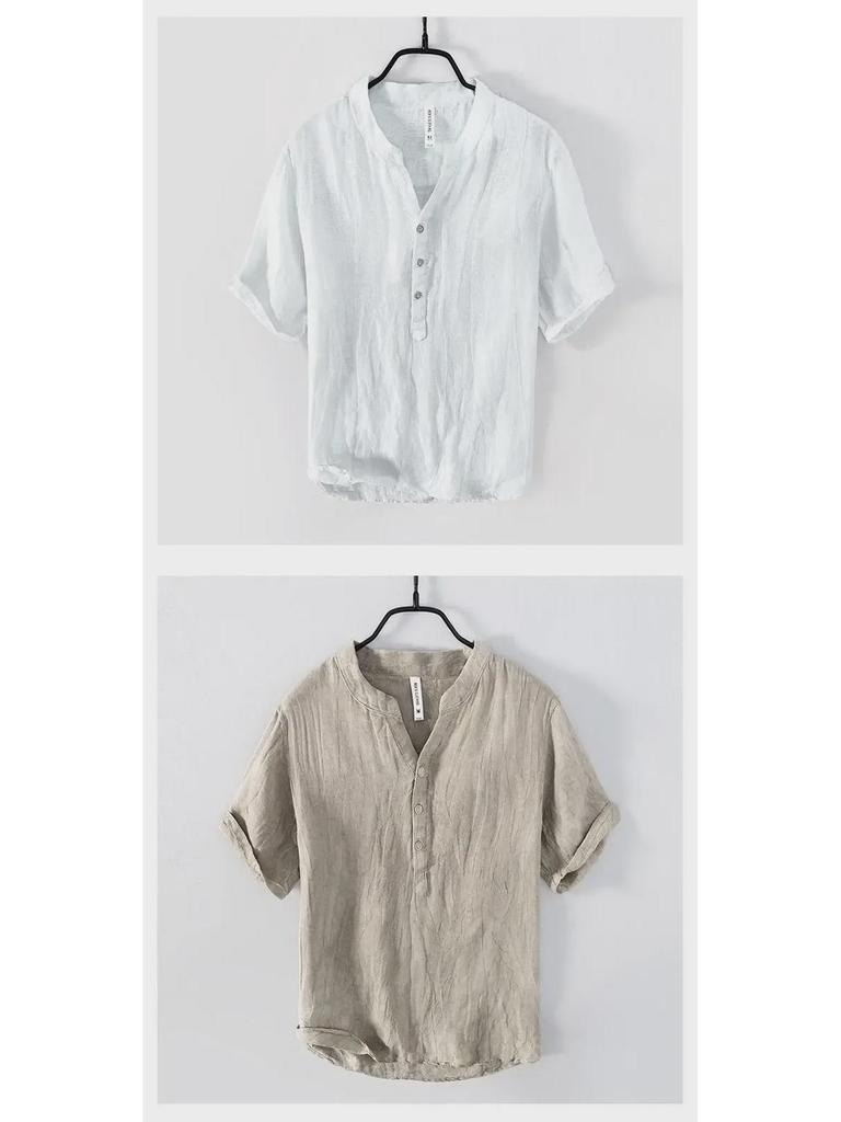 Мужская летняя льняная футболка в стиле ретро с V-образным вырезом — короткий рукав, воротник-стойка, дышащая и легкая