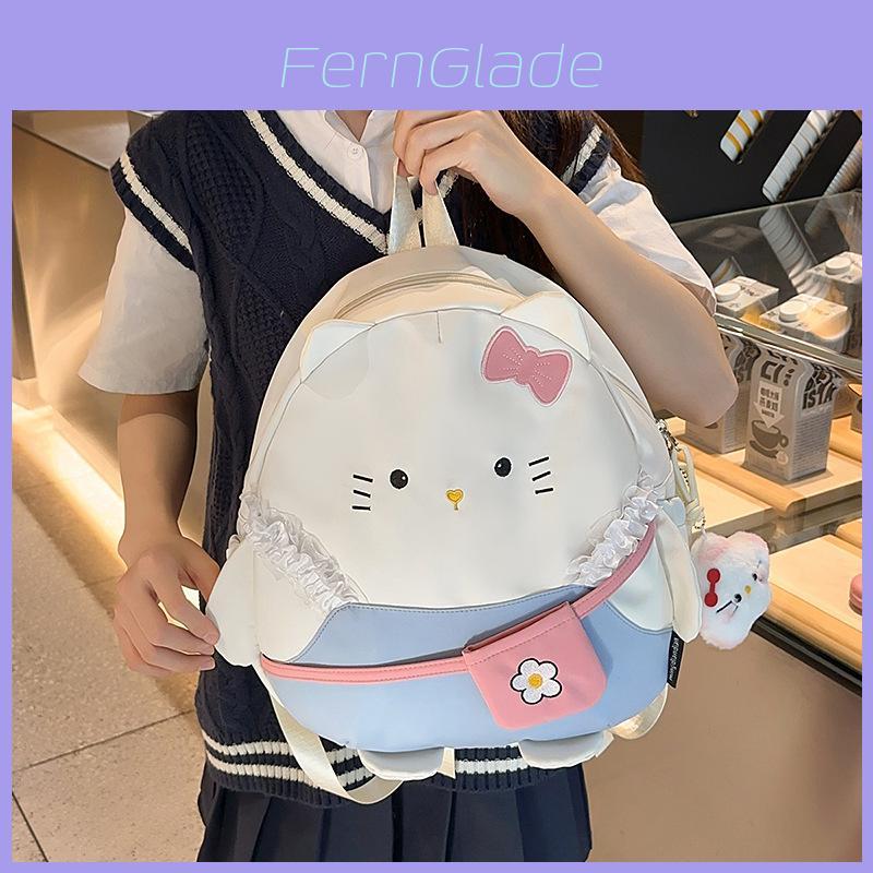 Cat Cartoon Embroidered Backpack For Girls Large Capacity Nylon School Bag With Zipper Closure For Daily Use