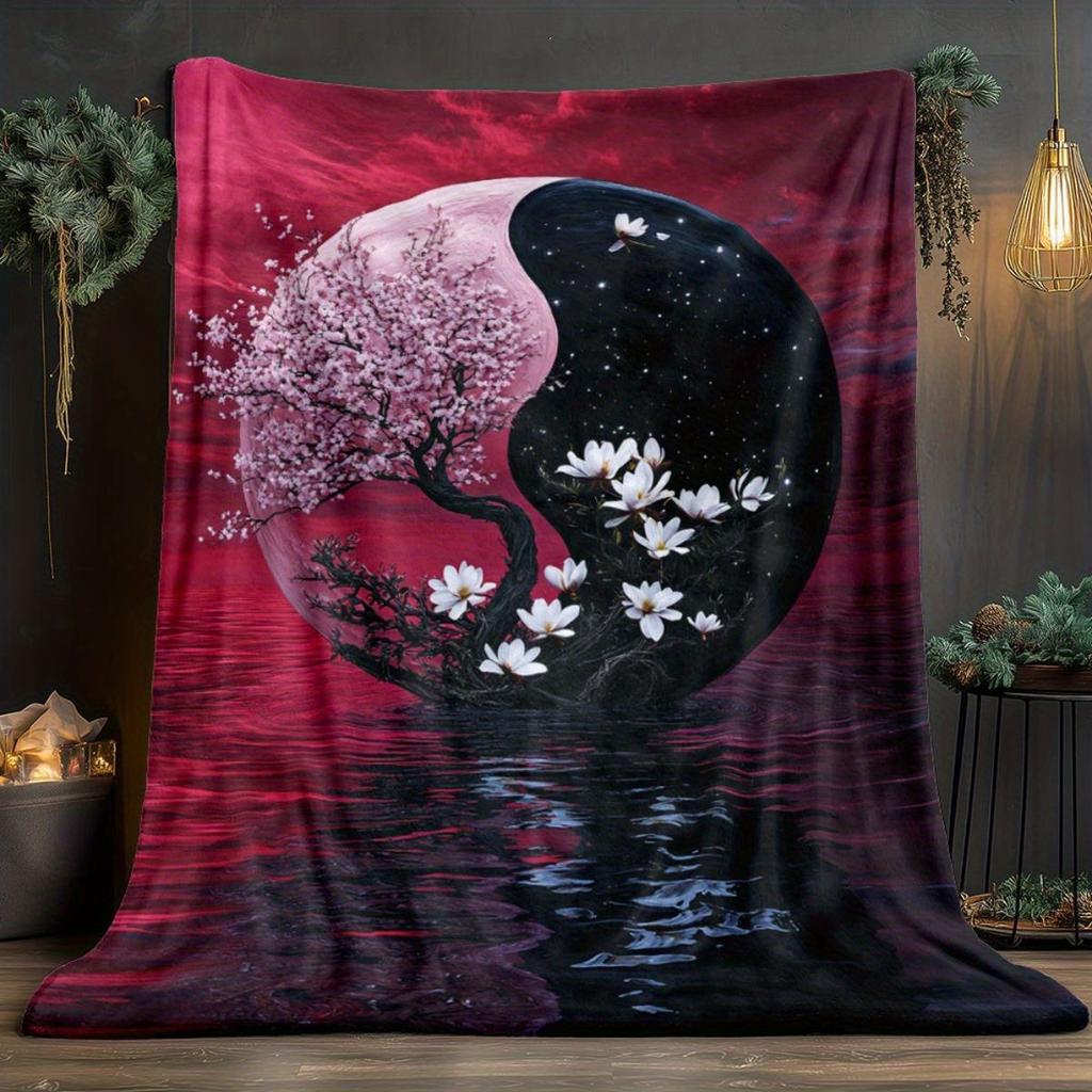 Flower pattern of the YinYang tree Flannel printed blanket suitable for all seasons suitable for living room office sofa travel