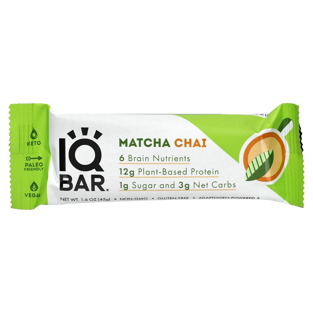 IQBAR Plant Protein Bar, Matcha Chai, 12 Bars, 45 G (1.6 Oz) Each