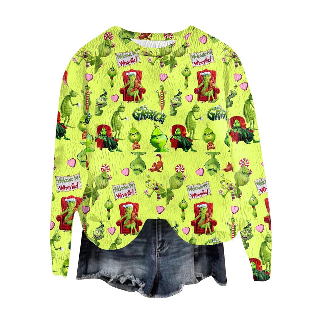 Women's Fashion Round Neck Pullover Top Long Sleeve Tee Christmas Printed Sweatshirt