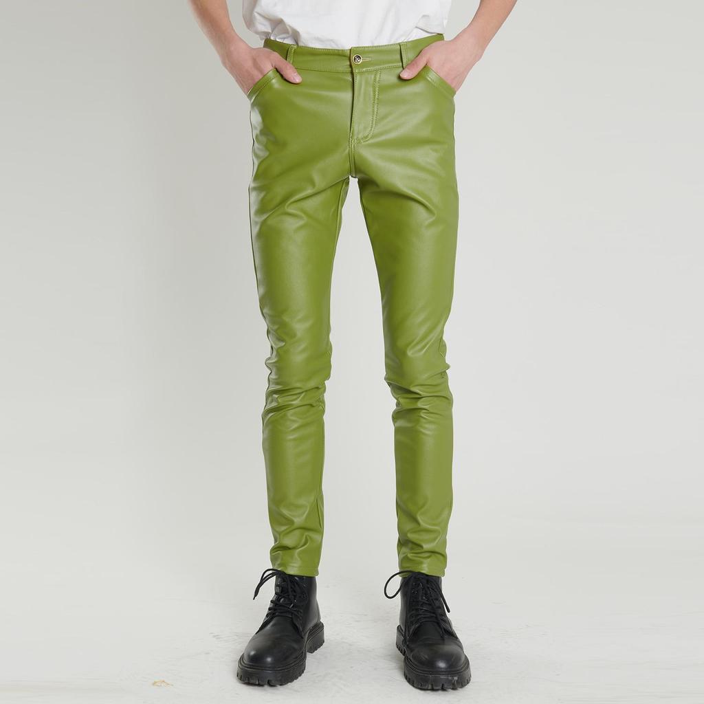 Men's Korean Style Slim Fit Motorcycle Leather Pants - Fleece-Lined, Skinny, Elastic, Spring/Autumn Trend
