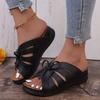 European and American Foreign Trade Hollow Bow Thick-soled Slippers Women's Sewing Line Open-toed Slope Heel Beach Cool Slippers Wish Source