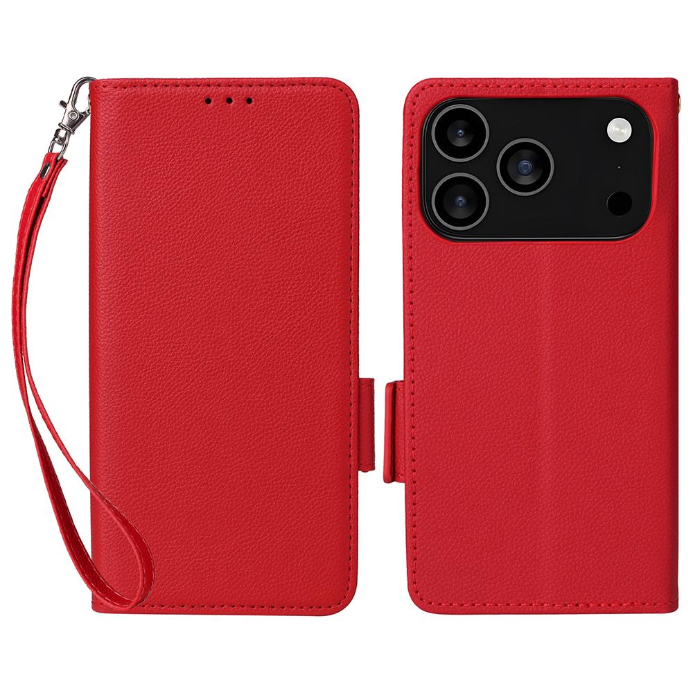 For iPhone 17 Pro Max Case with Wrist Strap Litchi Texture PU Leather Wallet Phone Cover