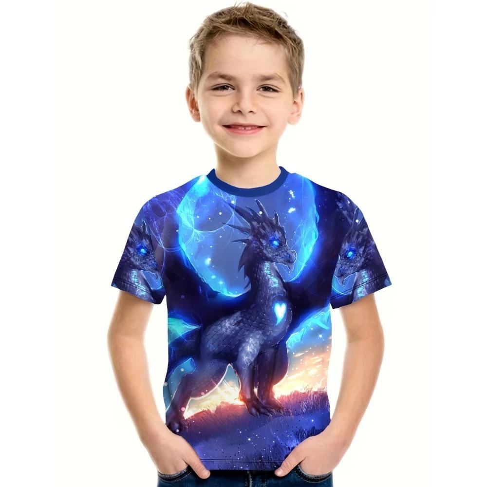 Children's Dragon Graphic 3D Digital Printed Boys' Fashion and Comfortable Round Neck Short Sleeved T-shirt