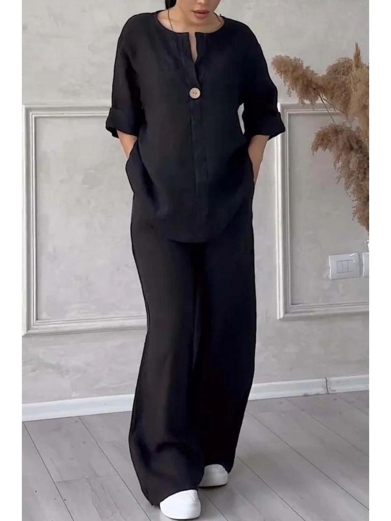 Европейский и американский летний модный женский комплект из хлопка и льна с V-образным вырезом и длинными рукавами на 2025 год