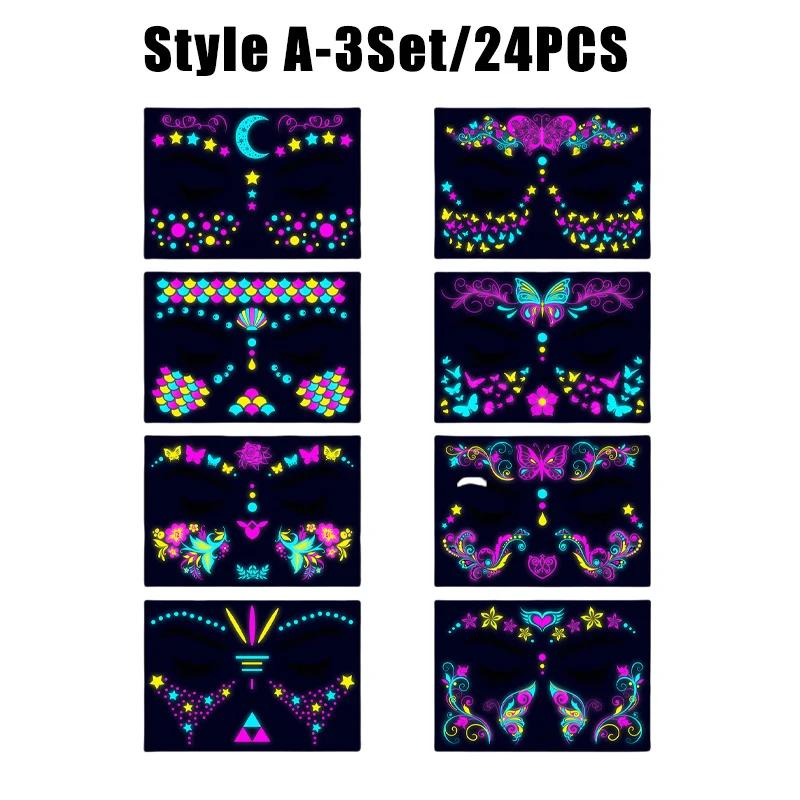 New Glow The Dark Tattoos Stickers Fake Face Temporary Tattoos Makeup UV Neon Floral Body Paint Tattoo Stickers Decorations