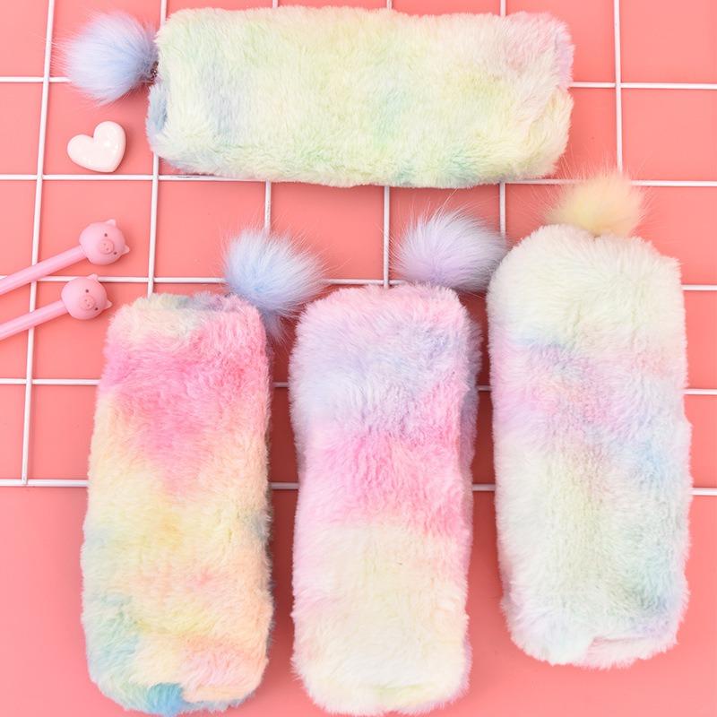 Korean Style Gradient Color Cute Girl Plush Octagonal Pencil Case Student Storage Pouch