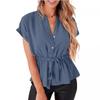 Stand Up Collar Pleated Lace Up Chiffon Blouse Bat Short Sleeved Women's Shirt