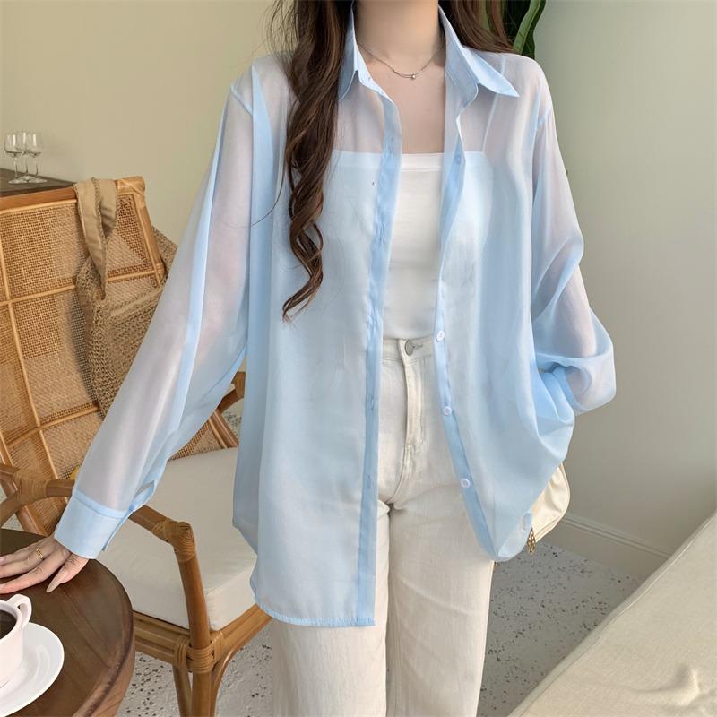 Back Split Lace-up Casual Loose Shirts Women Fashion New See Through Long Sleeve Women's Blouses Thin Breathable Sun Protection Office Lady Tops 26108