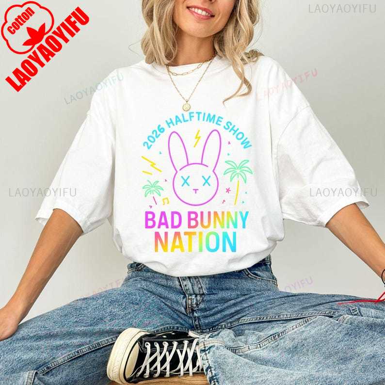 2026 BAD BUNNY NATION Graphic T Shirts Graphic Graphic Womens Trend Leisure Lovely Fans Tee Regular Short Sleeve Cotton Tops