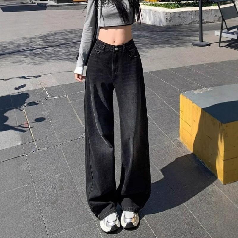 Womens Gray Wide Leg Jeans High Waist Loose Fit Straight Cut Denim Pants With Button Fly Fall 2025