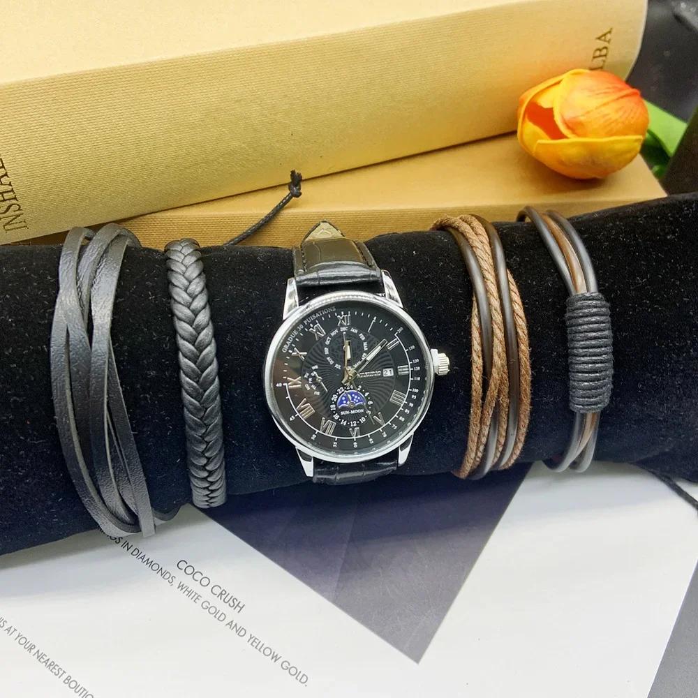 5pc New Men Watches Quartz Watch Sport Chronograph Luxury Men Automatic Date Watches Include Bracelet Box for Any Scene