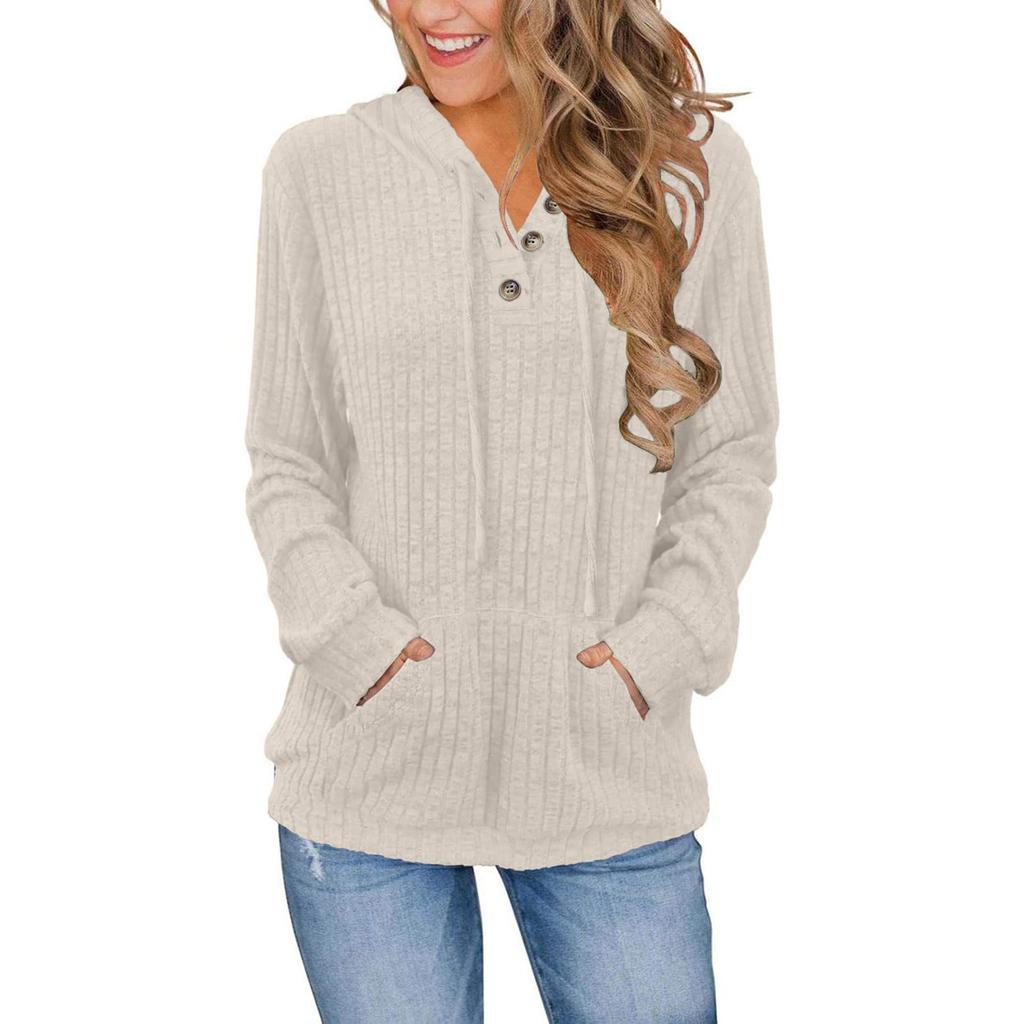 Women's Fashion Long Sleeve Solid Color Casual Ribbed Button Hoodie Top